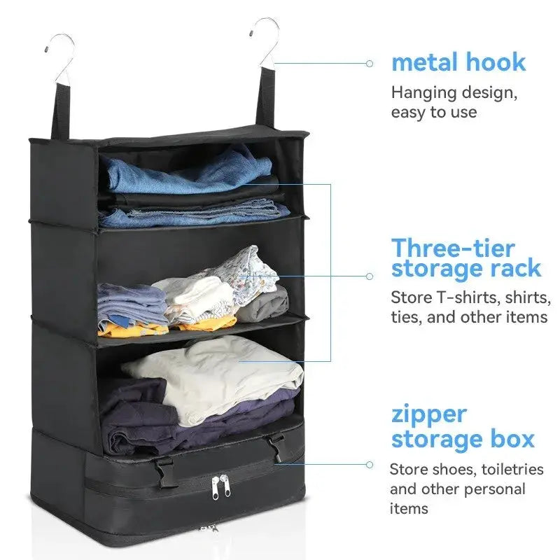 Simples Market 3-in-1 travel clothes storage hanging bag for underwear, socks & clothes, black with three-tier rack and zipper bottom box