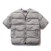 Unisex gray cotton-padded puffer vest jacket with short sleeves and front zip