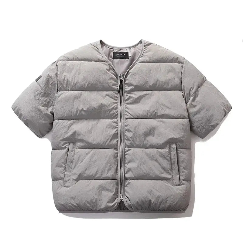 Unisex gray cotton-padded puffer vest jacket with short sleeves and front zip