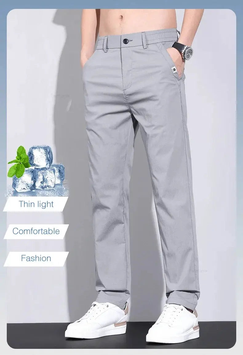 Ultra-thin Elastic Men's Casual Pants from Simples Market, gray ice-silk cotton, slim straight trousers