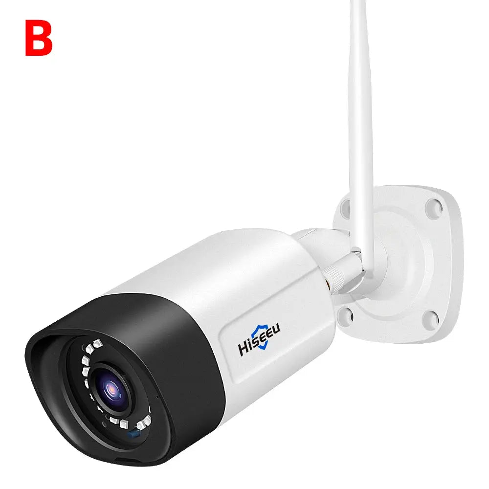 Hiseeu wireless IP camera, white housing with antenna and mounting bracket, 3.6mm lens.