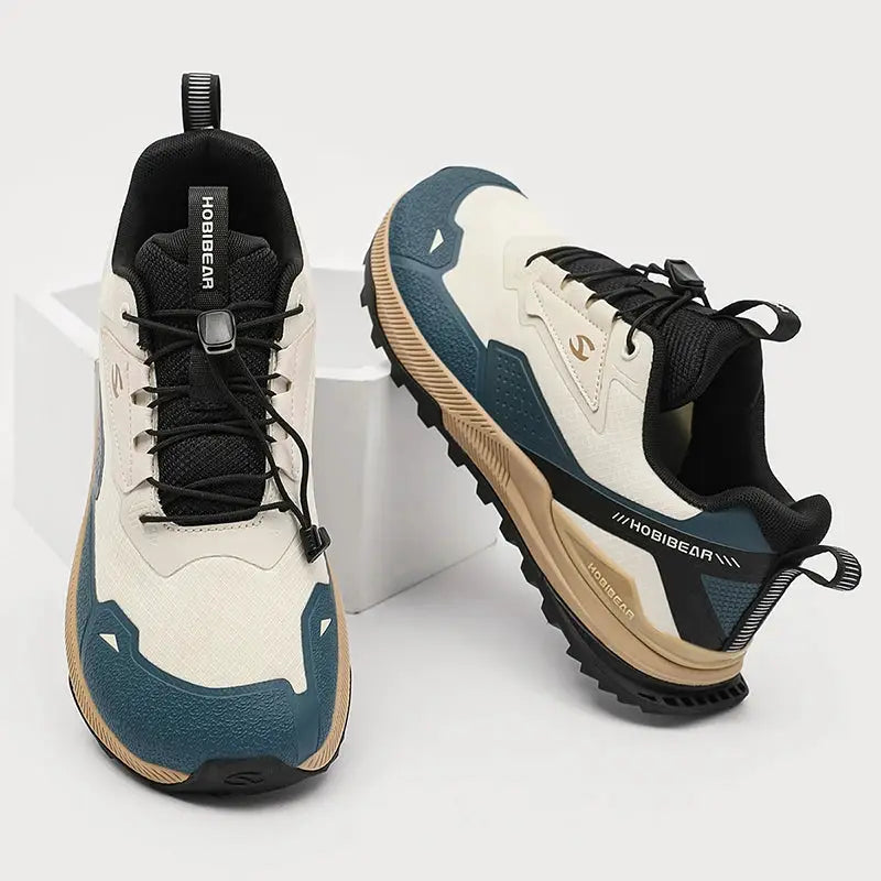 HOBIBEAR unisex running shoes pair in cream and teal with black accents and elastic band, lightweight breathable