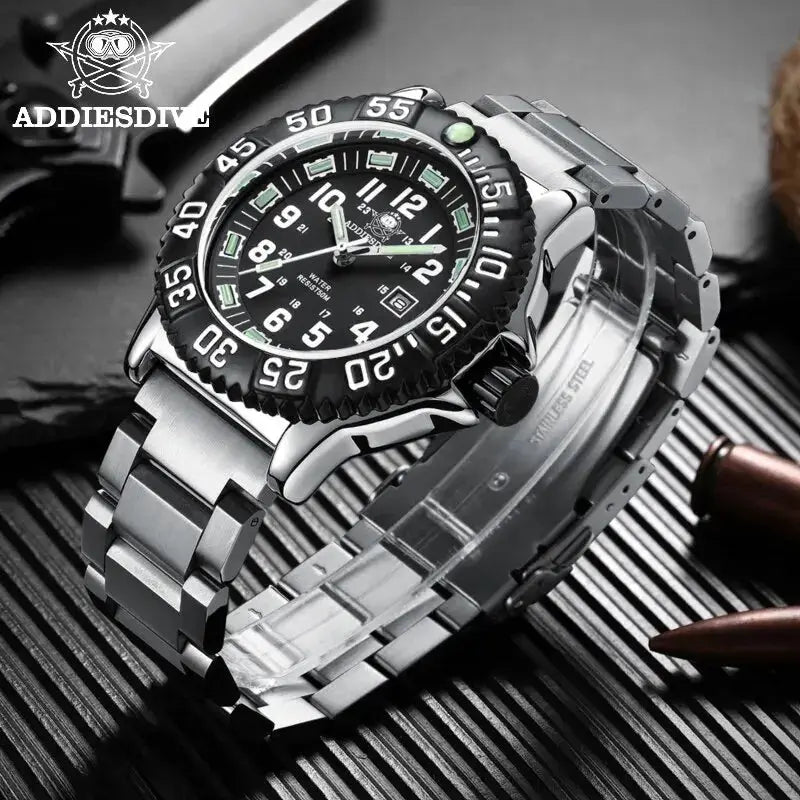 Addies Dive men's watch with black dial and rotating bezel