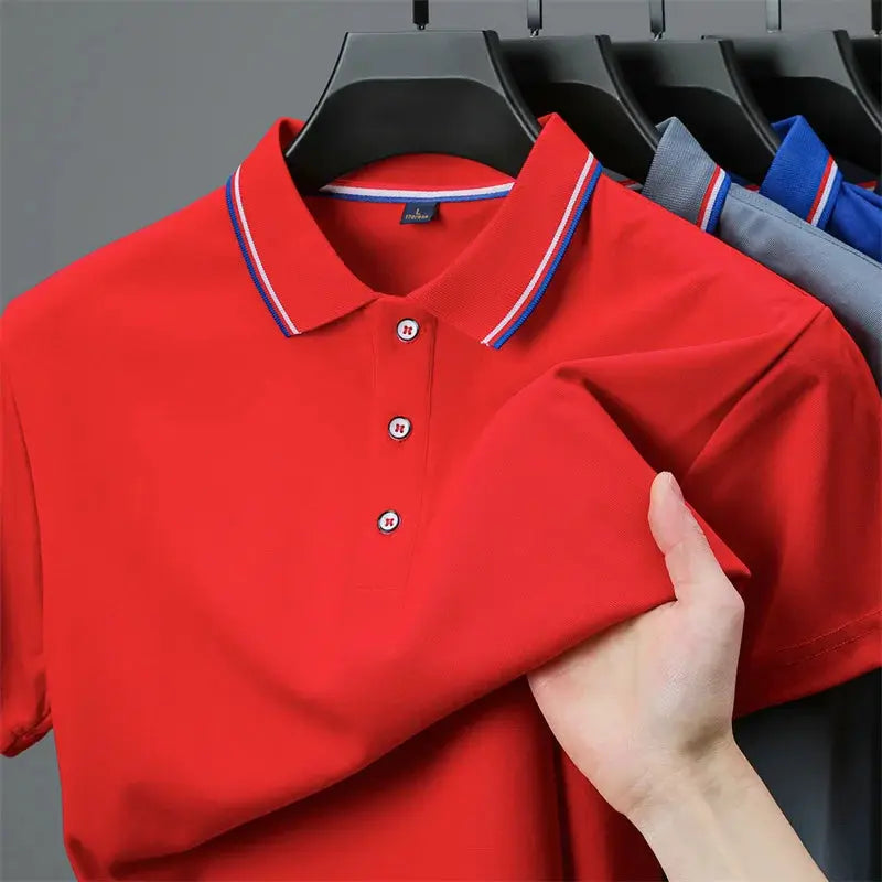 Men's polo shirt by Simples Market, red solid color with striped collar and short sleeves.