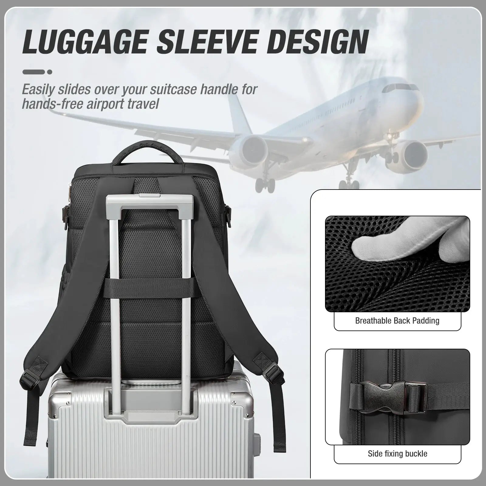 Simples Market waterproof luggage backpack with trolley sleeve in black, shown on a carry-on suitcase.