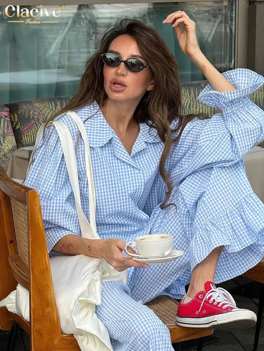 Clacive Plaid Cotton 3 Piece Set Long Sleeve Shirt High Waist Pants