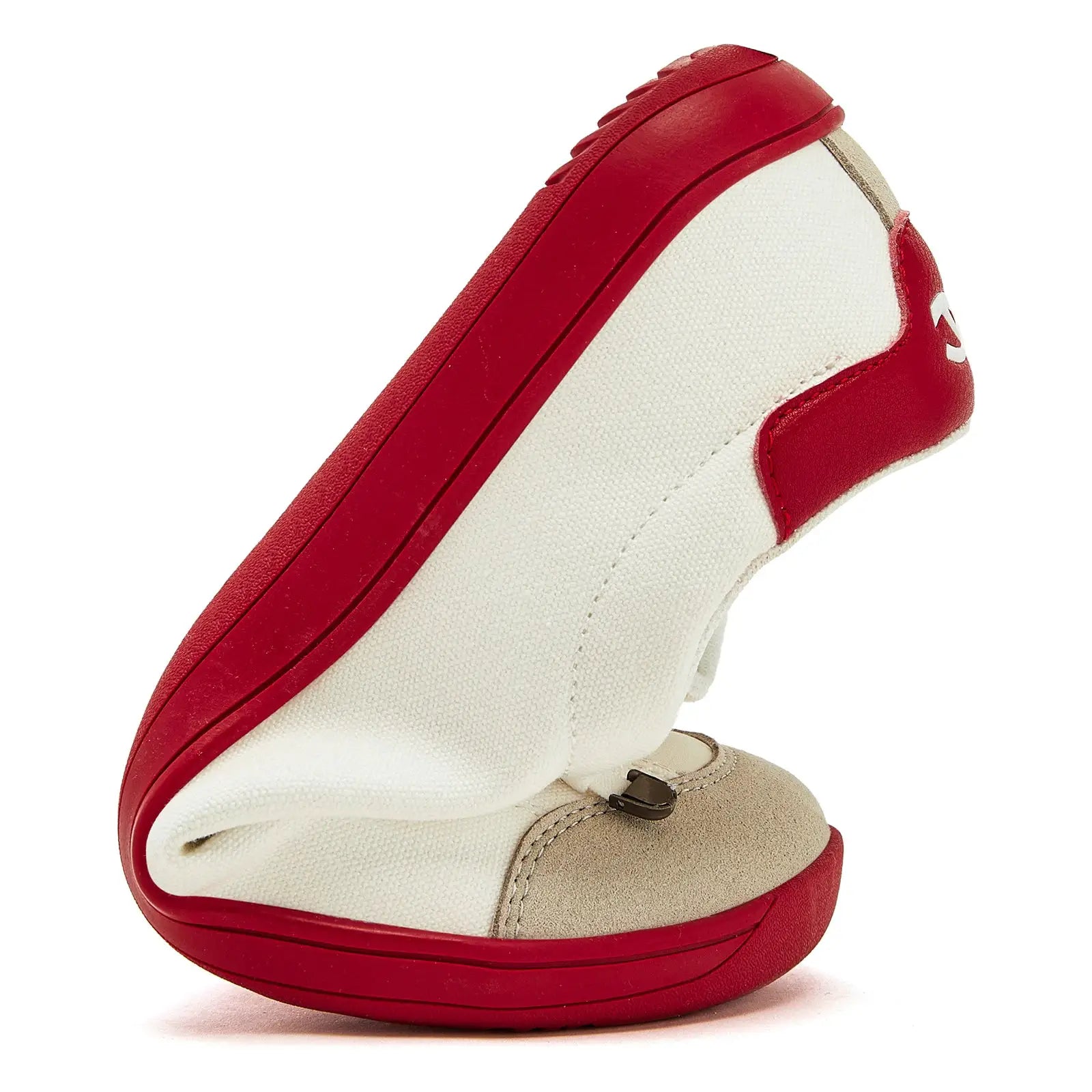 HOBIBEAR wide-toe barefoot shoes; unisex white canvas sneakers with red sole and beige toe cap.