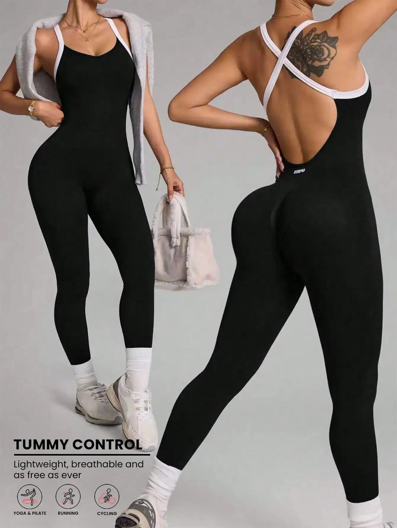 Simples Market black cross-strap jumpsuit for yoga and fitness, open-back, seamless quick-dry fabric worn by two models
