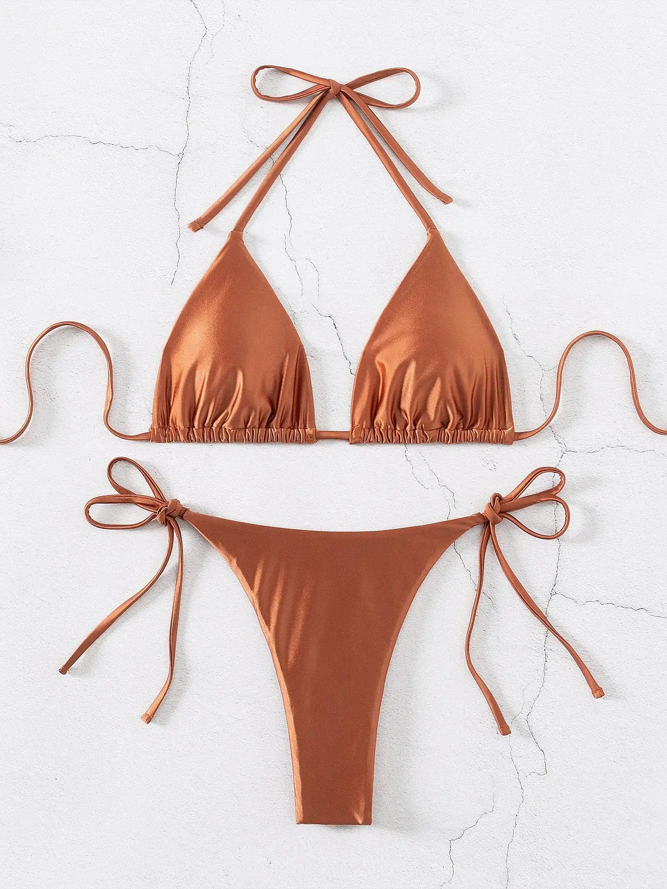 Triangle bikini set in rust color with halter neck top and side-tie Brazilian bottoms