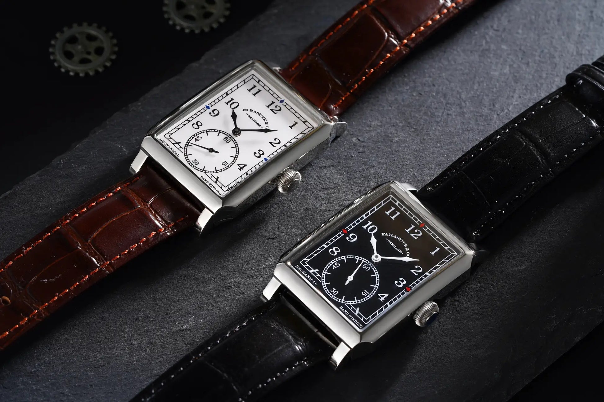 FARASUTE square mechanical wristwatch for men; two watches with white dial on brown leather strap and black dial on black strap