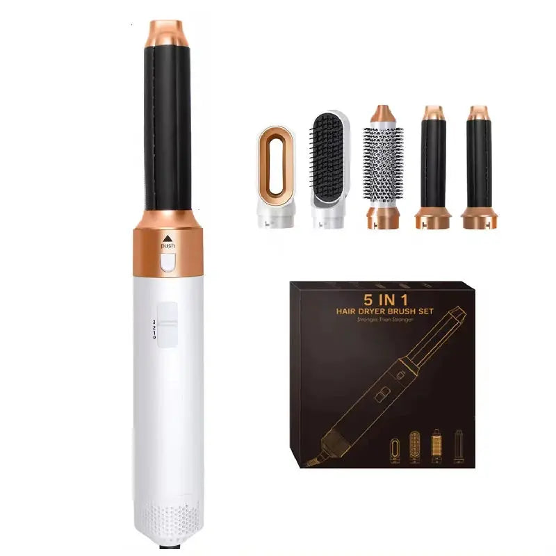 Hair dryer 5-in-1 electric brush set by Simples Market; white and rose-gold handle with 5 attachments