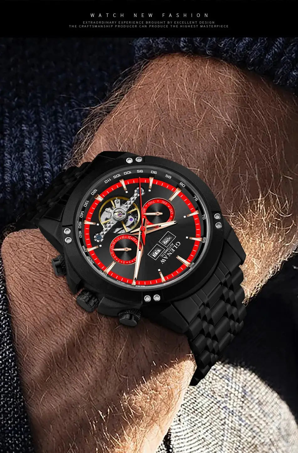 Glenaw men's black stainless steel wristwatch with red dial accents by Simples Market