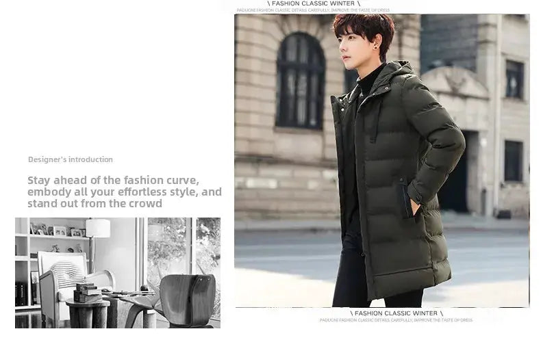 Men's mid-length green hooded cotton-padded puffer jacket by Simples Market.