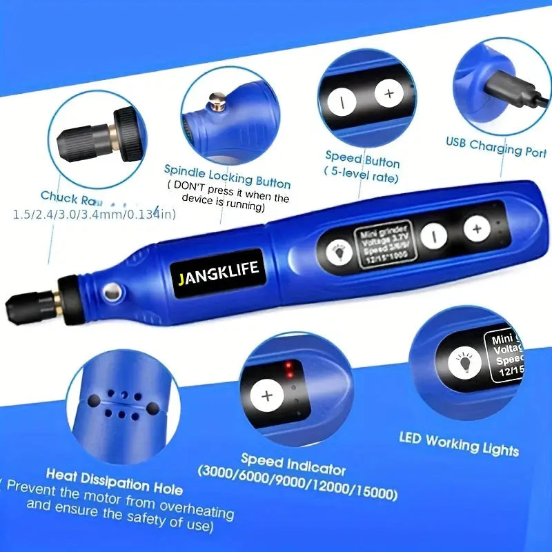 JANGKLIFE USB Cordless Rotary Tool Kit Engraving Pen For Jewelry Metal Glass DIY Mini Wireless Drill