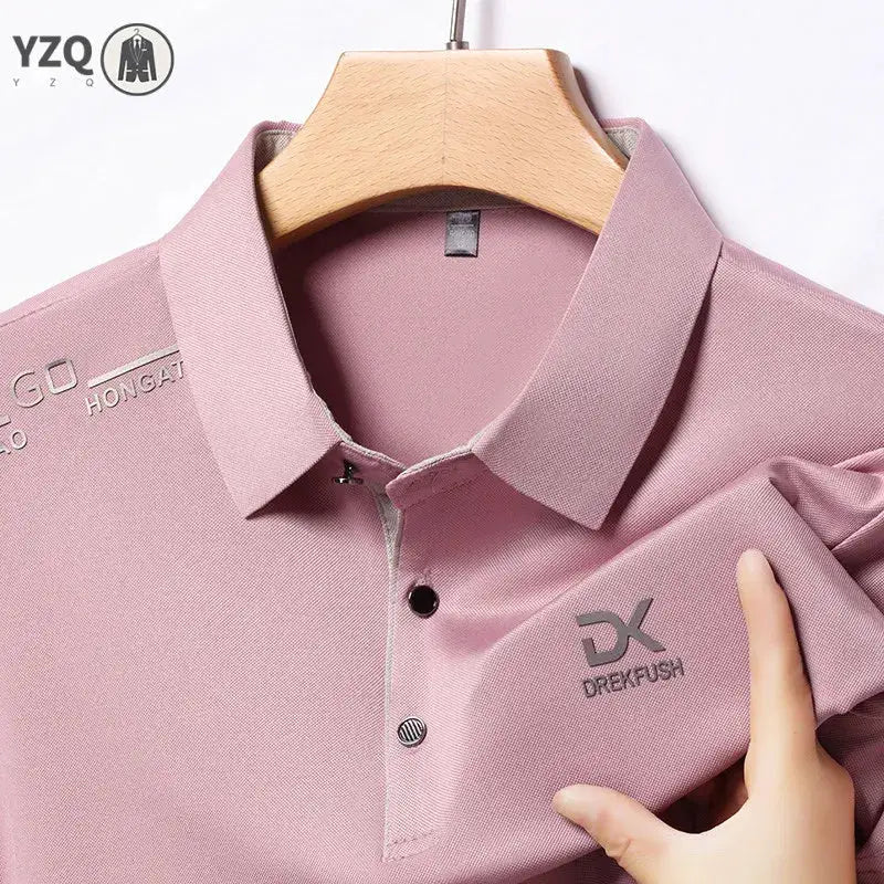 Men's polo shirt pink solid color, short sleeve with DREK PUSH badge logo, breathable business casual top