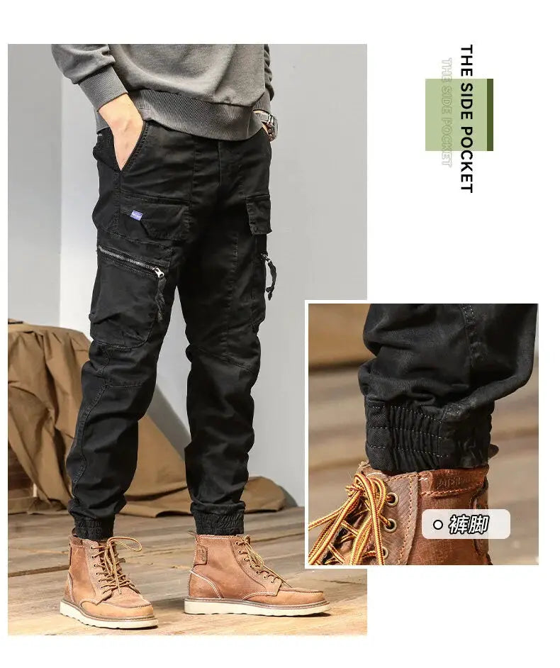 CAAYU men's black cargo joggers with multiple pockets, zip pocket and elastic cuffs
