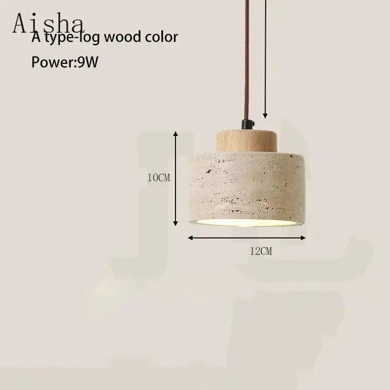 Led pendant lamp with stone-textured cylindrical shade and wooden top, hanging from a brown fabric cord