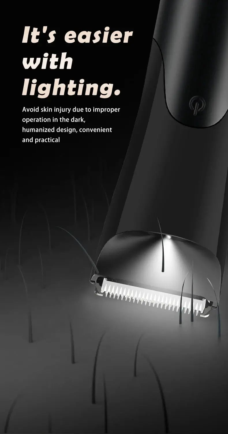 Black men's electric groin trimmer with ceramic blade head and 2 guard attachments for wet or dry use.