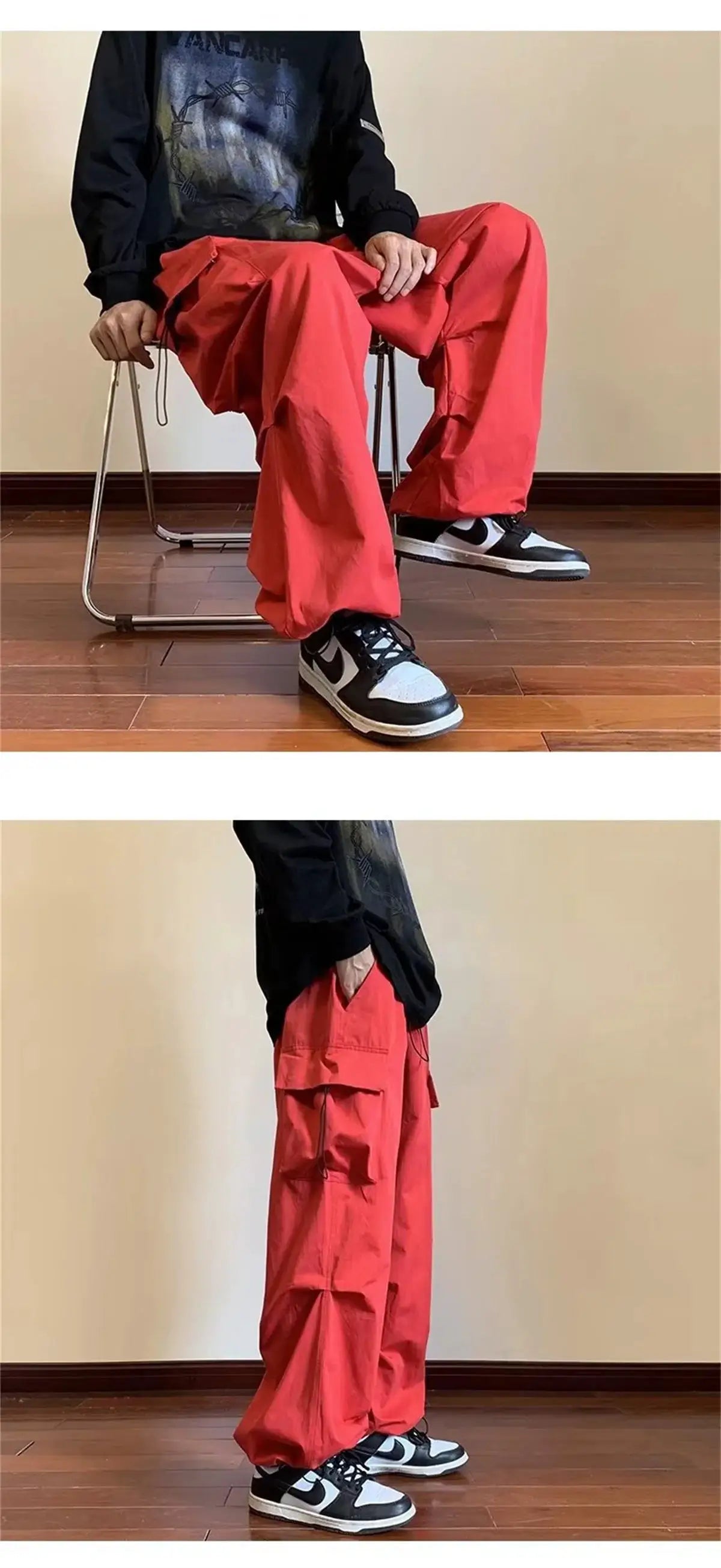 Simples Market streetwear harem cargo pants, red elastic waist, multi-pocket baggy fit.