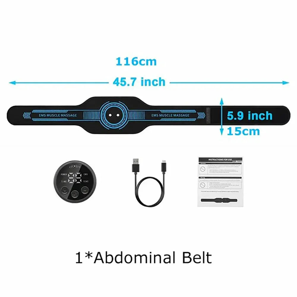 Simples Market EMS abdominal belt massage set, black with blue accents, USB charging
