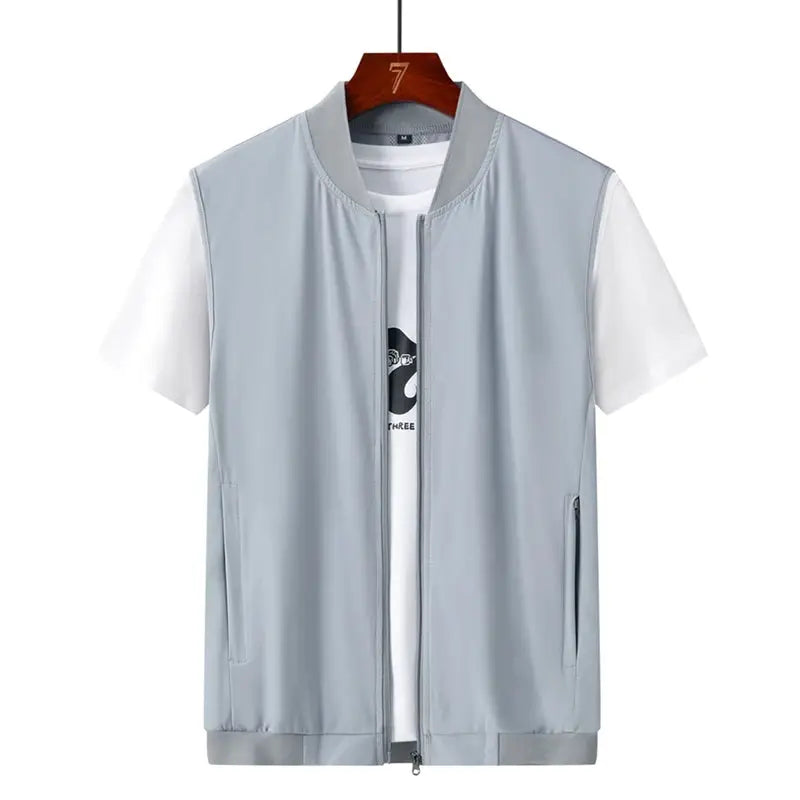 Men's sleeveless vest, light gray zip-front with side pockets.