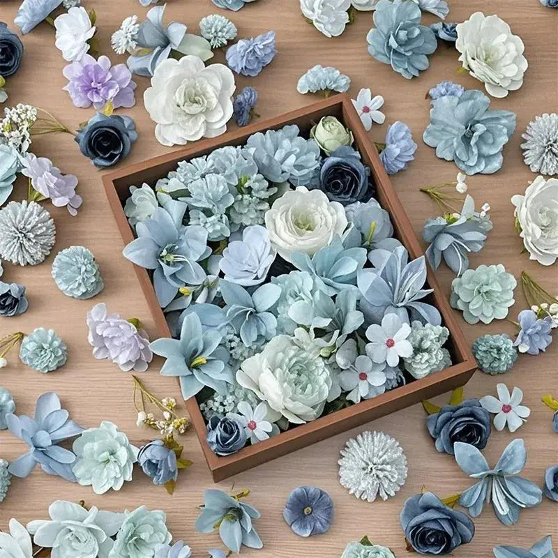 Simples Market blue-white artificial flower head set with silk roses and succulents for crafts and decor (20/50 pcs)