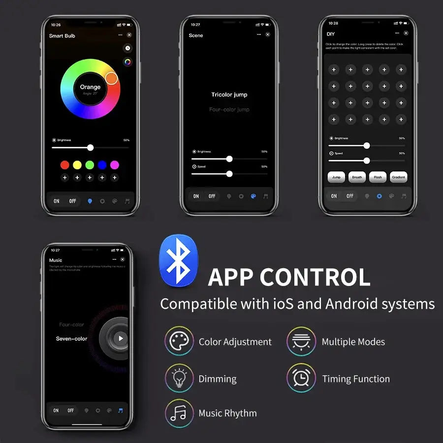 Smart Sunset Lamp USB RGB lighting with app control (iOS/Android) shown on five smartphones