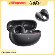 QCY Crossky C30 open-ear wireless earbuds with charging case, black; 3 earbuds shown