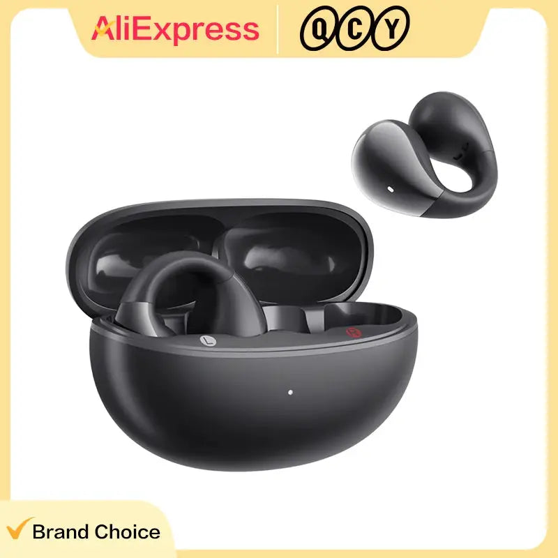 QCY Crossky C30 open-ear wireless earbuds with charging case, black; 3 earbuds shown