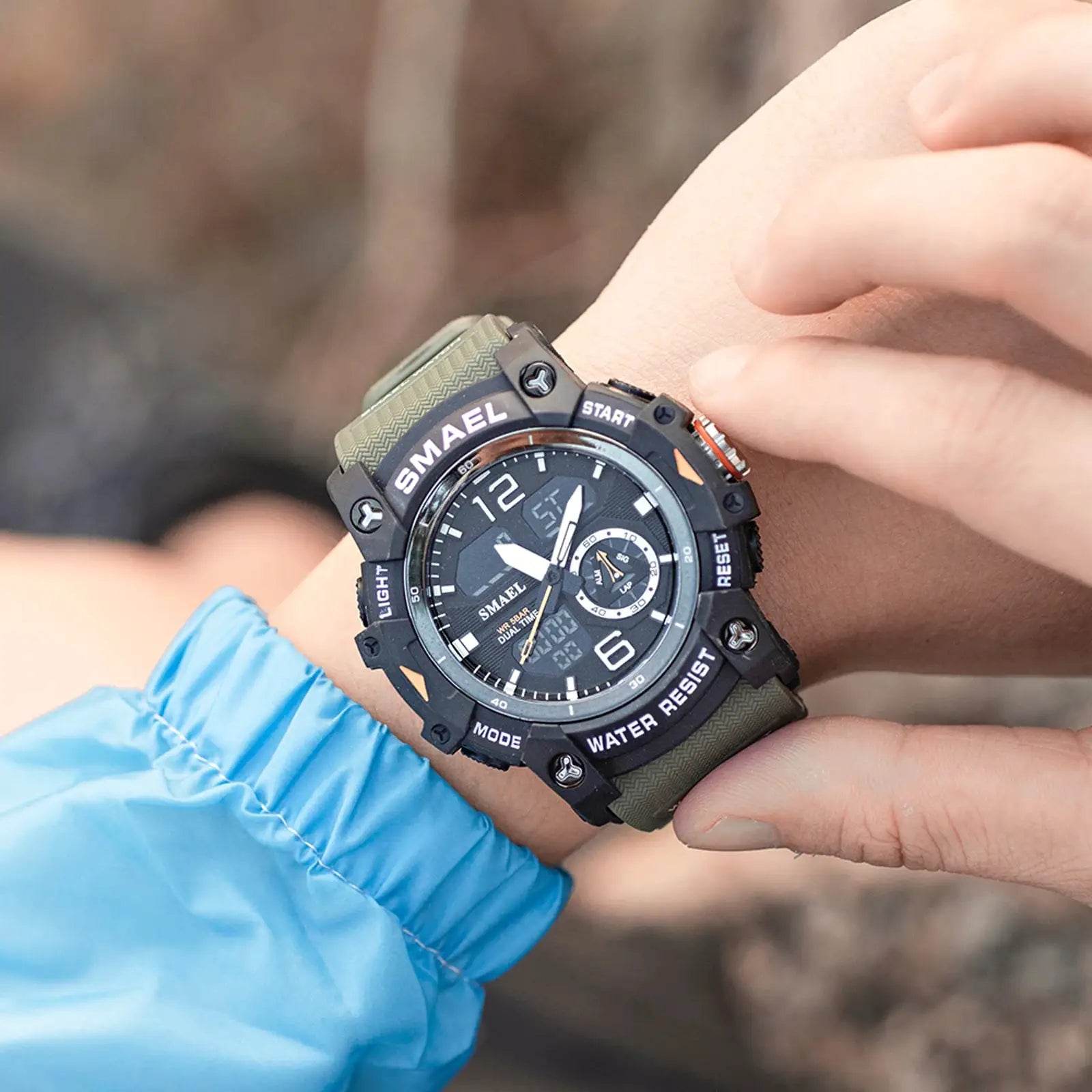 SMAEL men's sport watch with olive-green strap and rugged black bezel; dual-time display, water resistant