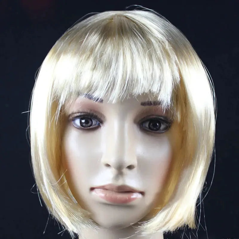 Short blonde bob wig; synthetic with straight bangs for daily wear and cosplay, Simples Market