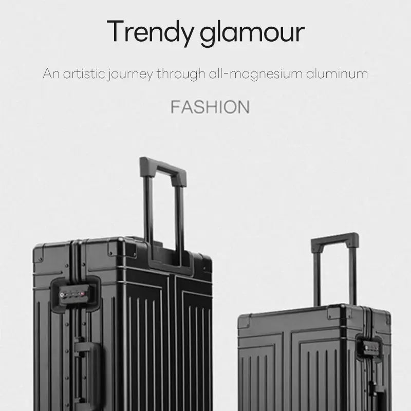 Aluminum-magnesium travel suitcases set in black with extendable handles, 20/24/28 inch, two-piece