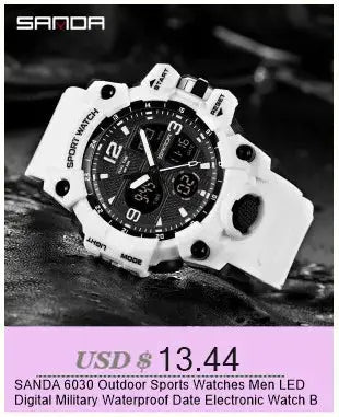 SANDA 6186 white silicone strap wristwatch with black dial, rugged outdoor sport style