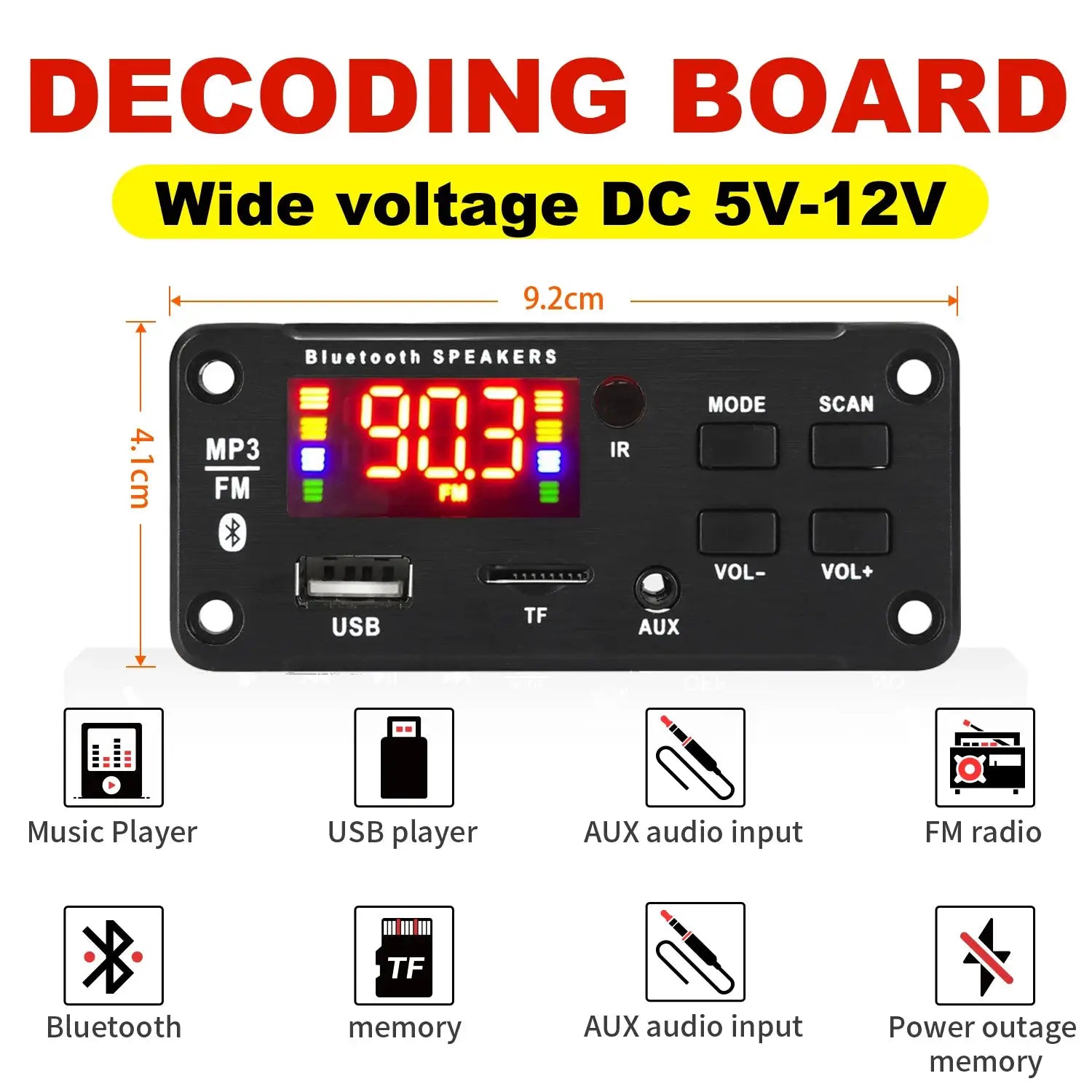 12V MP3 Decoder Board Bluetooth Car Kit With USB TF Card WMA WAV Support FM Radio And Color Screen