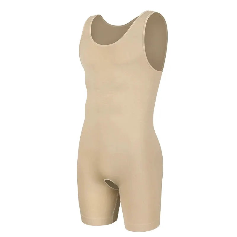 Men's beige full-body shaper sleeveless bodysuit by Simples Market