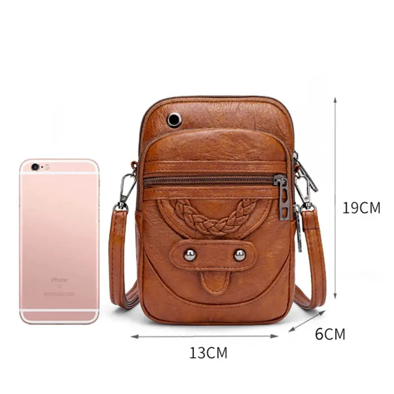 Women’s brown PU leather messenger bag by Simples Market with braided front and zip pockets