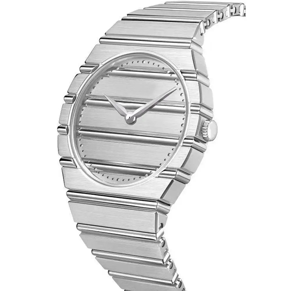 Men's stainless steel watch with brushed silver band and minimal round dial