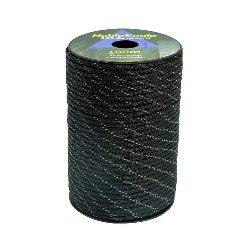 Reflective black 550 paracord spool with white flecks, 100m length
