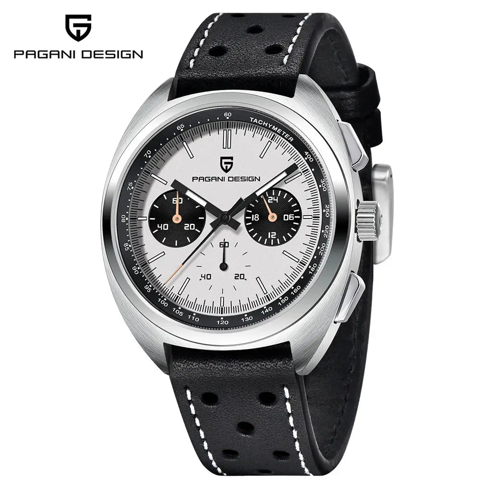 Pagani Design VK63 chronograph watch with silver case, white dial, black subdials, and perforated black leather strap