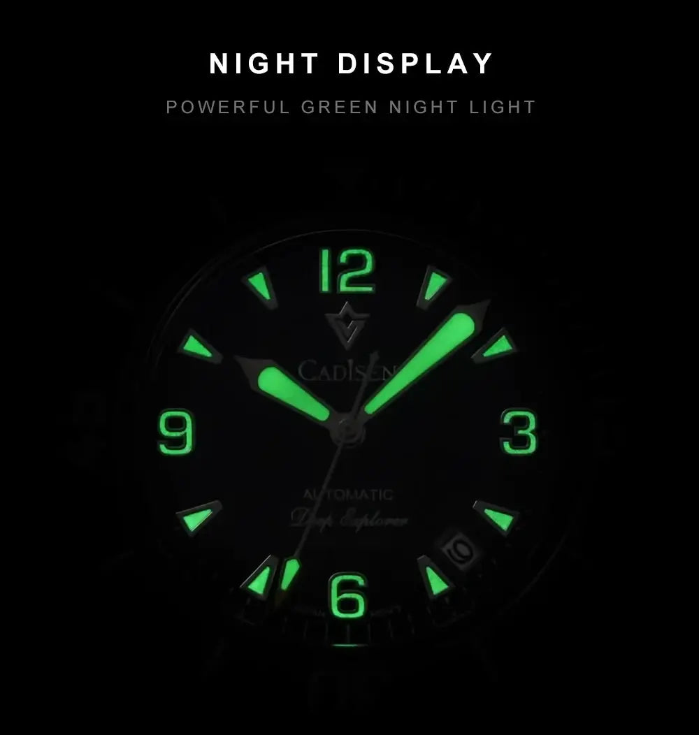 CADISEN Deep Explorer wristwatch with green luminous dial and canvas strap