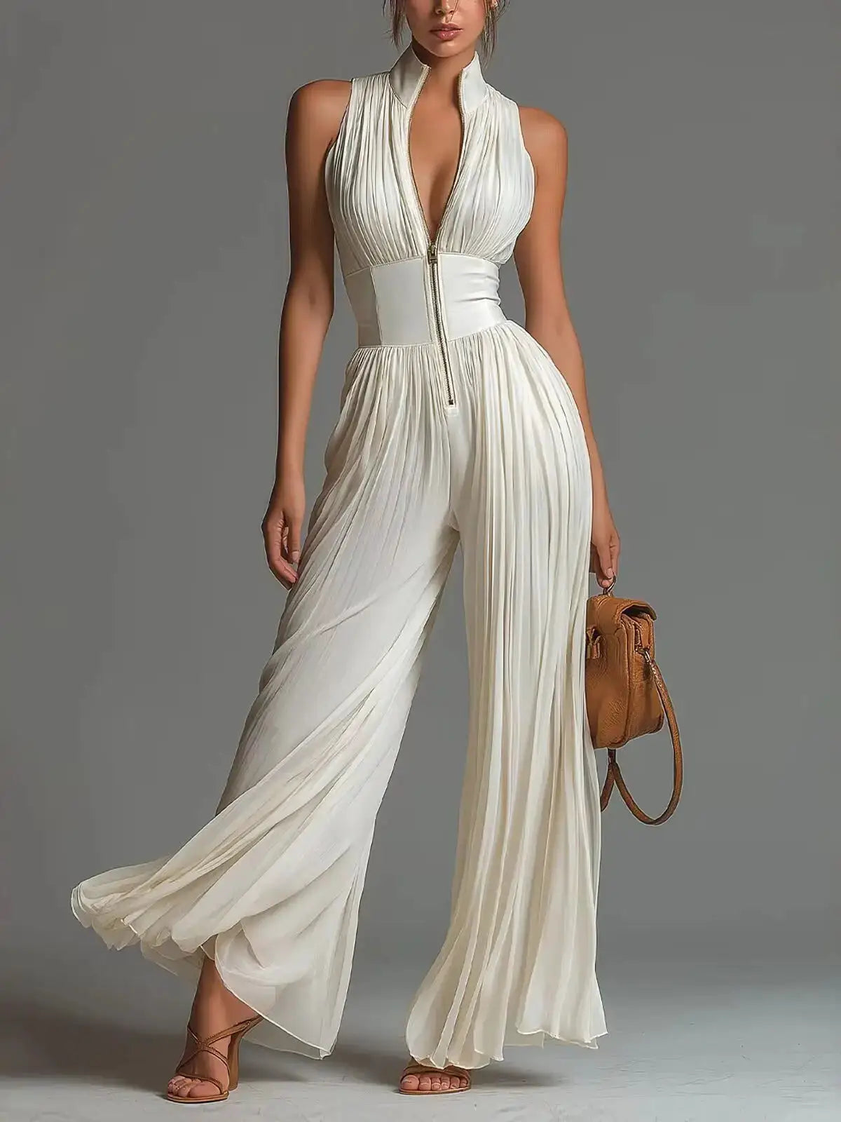 Jumpsuit by Simples Market: ivory stand-collar, zipper-pleated, high-waist wide-leg sleeveless romper