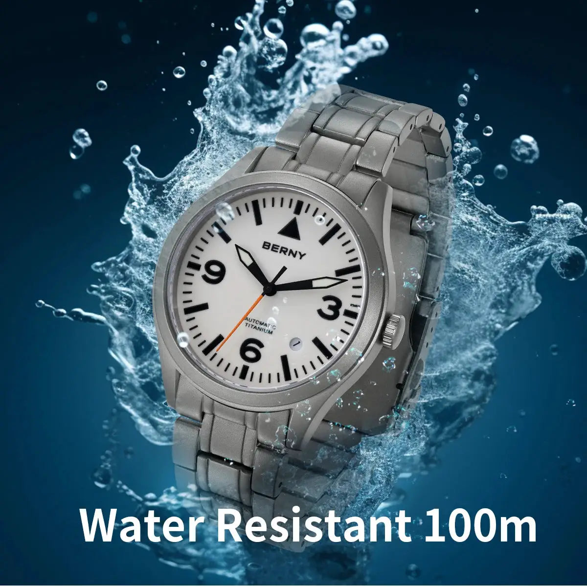 BERNY aviation watch with titanium bracelet, white dial, black numerals, orange second hand, Water Resistant 100m
