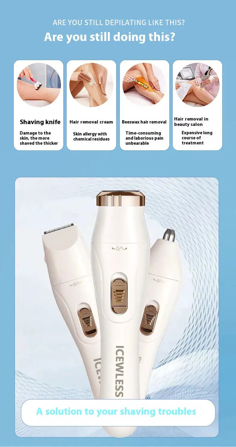 Electric hair trimmer set for women, waterproof, white with gold accents, three-piece.