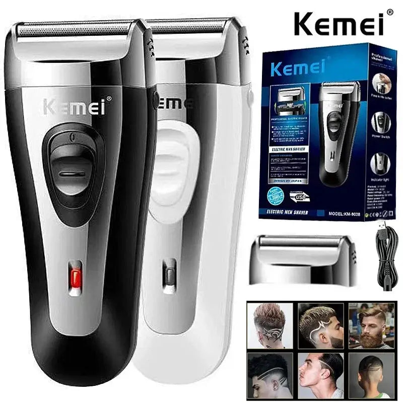 Kemei KM-9038 dual electric shaver set, two units in black and white, USB rechargeable with extra foil