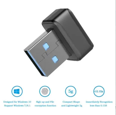 Simples Market USB fingerprint key reader for Windows 7–11; black biometric security key with blue USB connector.
