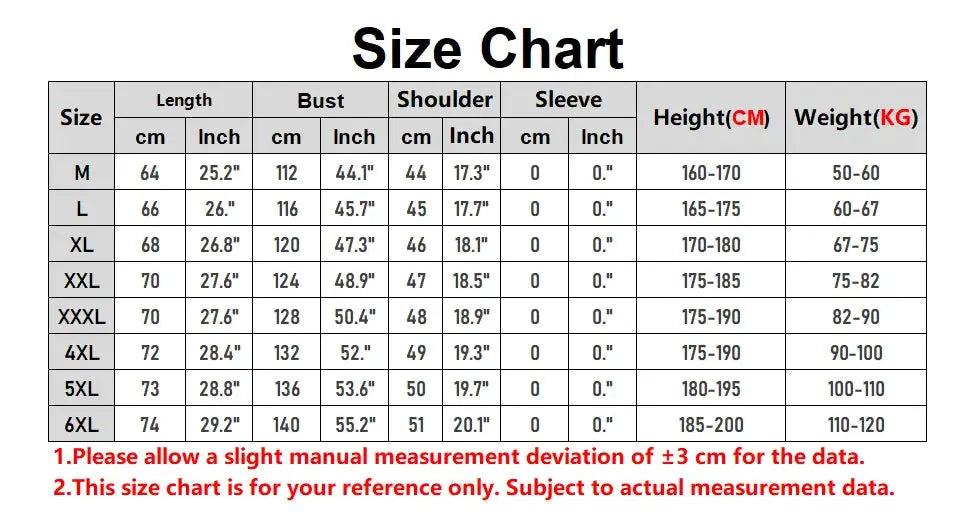 Simples Market vest size chart for 2025 outdoor multi-pocket vest; M–6XL with length, bust, shoulder, sleeve.