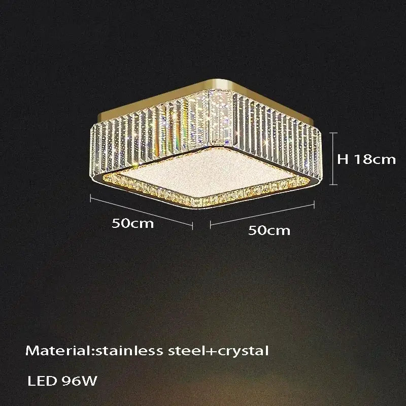 Light luxury crystal ceiling lamp, Simples Market square gold frame with crystals, 50x50 cm, 18 cm high, LED 96W
