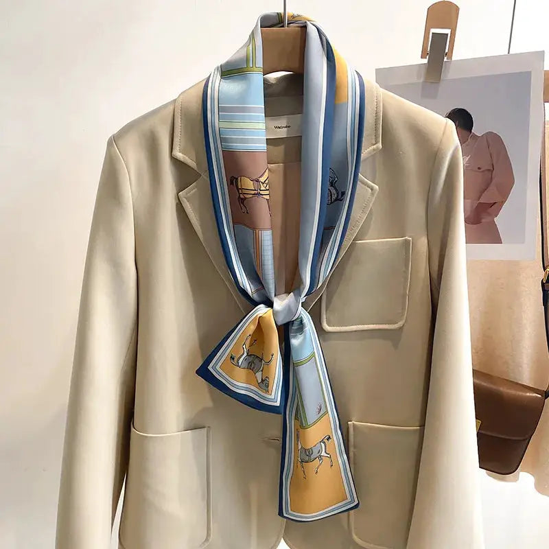 LuxeSilk Silk Feel Printed Design Scarf Versatile Long Narrow Silk Shawl For Fashionable Styles