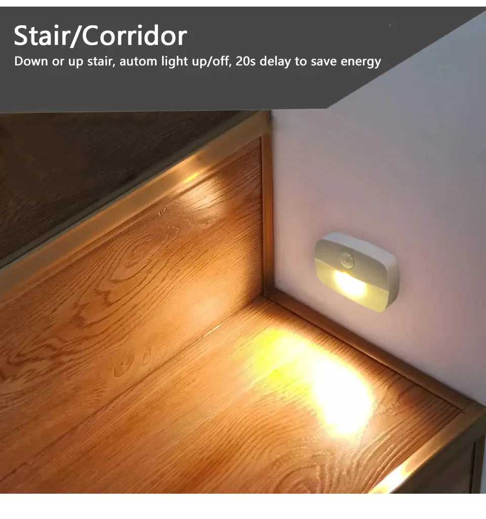 White LED night light with motion sensor, battery-powered, ideal for stairs, closet or bedside.