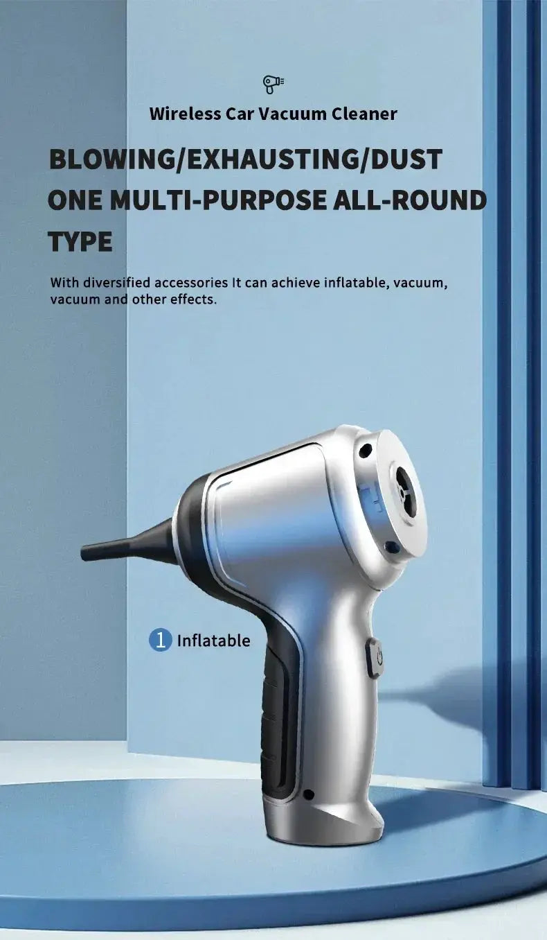 Silver handheld car vacuum cleaner with black grip and nozzle, cordless.
